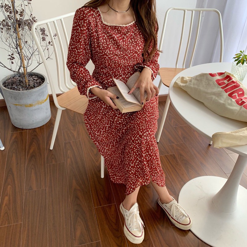Váy trắng đỏ hoa nhí babydoll cổ vuông ren ulzzang dài tay vintage , Đầm nữ hoa trắng thiết kế dáng dài | BigBuy360 - bigbuy360.vn