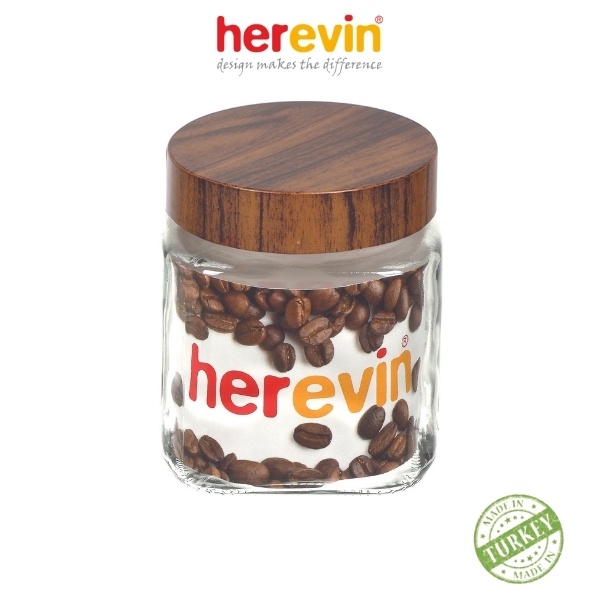 Bộ 3 Hũ Thuỷ Tinh Herevin Vuông Nắp woody 1L - HEHU231010-205