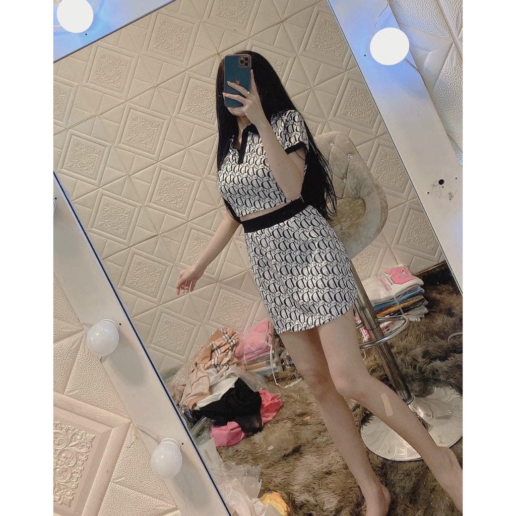 Sét bộ áo croptop cổ bẻ phối chân váy ngắn in chữ cực xinh , chất thun bozip mềm mịn ( ảnh thật )