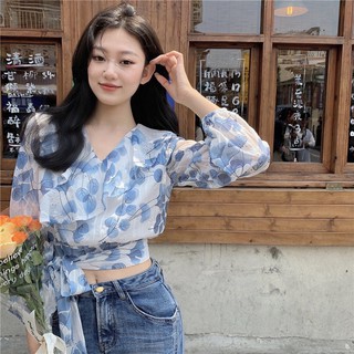Áo croptop cổ V bèo ngực buộc nơ eo (có ảnh thật)