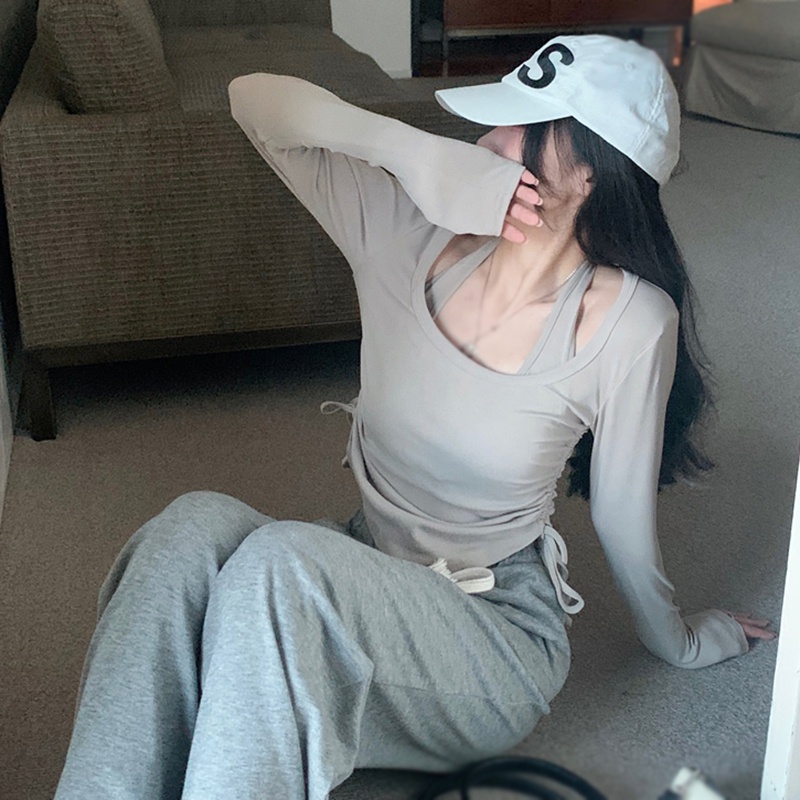 Set Áo Hai Dây + Áo Thun Tay Dài Màu Sắc Đơn Giản Phong Cách Retro Dành Cho Nữ