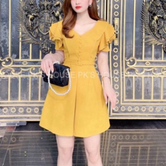 váy Thiết Kế Dáng Suông Vàng Tay Hoa Cúc Bọc V1877, Váy Suông Tafta Cao Cấp -2021 | BigBuy360 - bigbuy360.vn