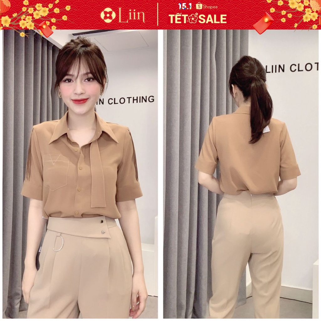 Áo sơ mi nữ Cộc tay màu Nâu Cavat kết hợp túi, viền tay thời thượng Liin Clothing SM3561