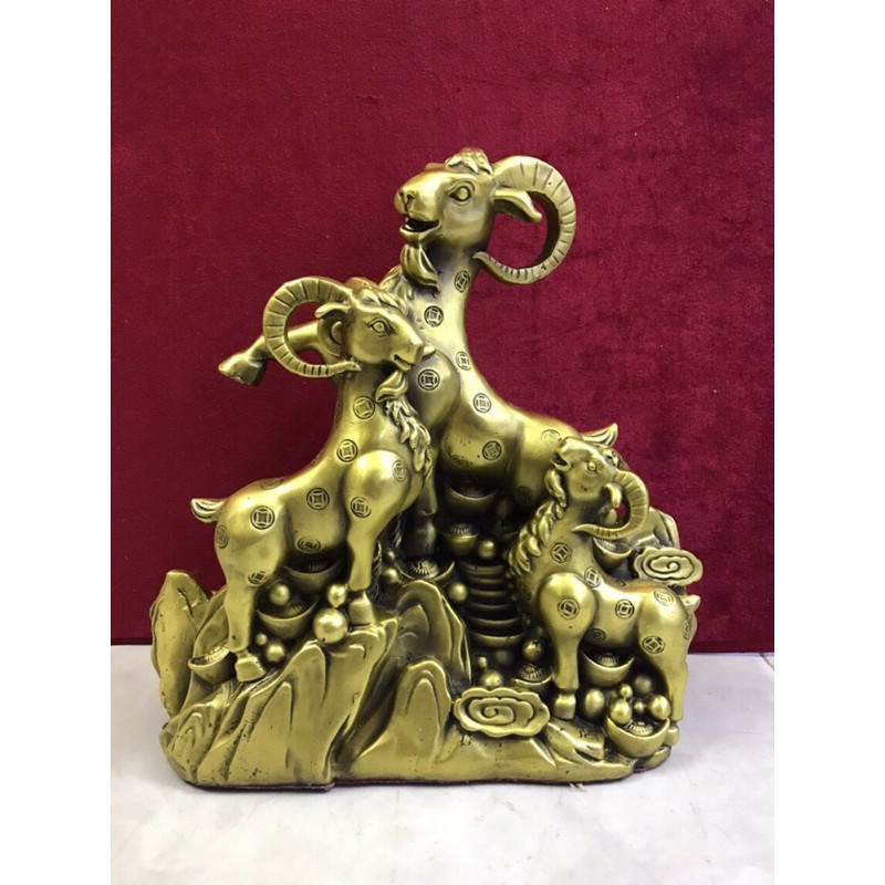 Tượng Tam Dương tiền 3 Dê đứng trên tiên vật phẩm phong thuỷ bằng đồng