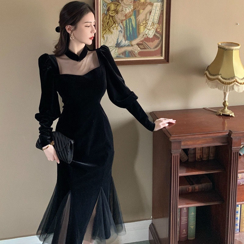 Đầm Nhung Dài Tay Phối Lưới Thời Trang Thanh Lịch Dành Cho Nữ | BigBuy360 - bigbuy360.vn