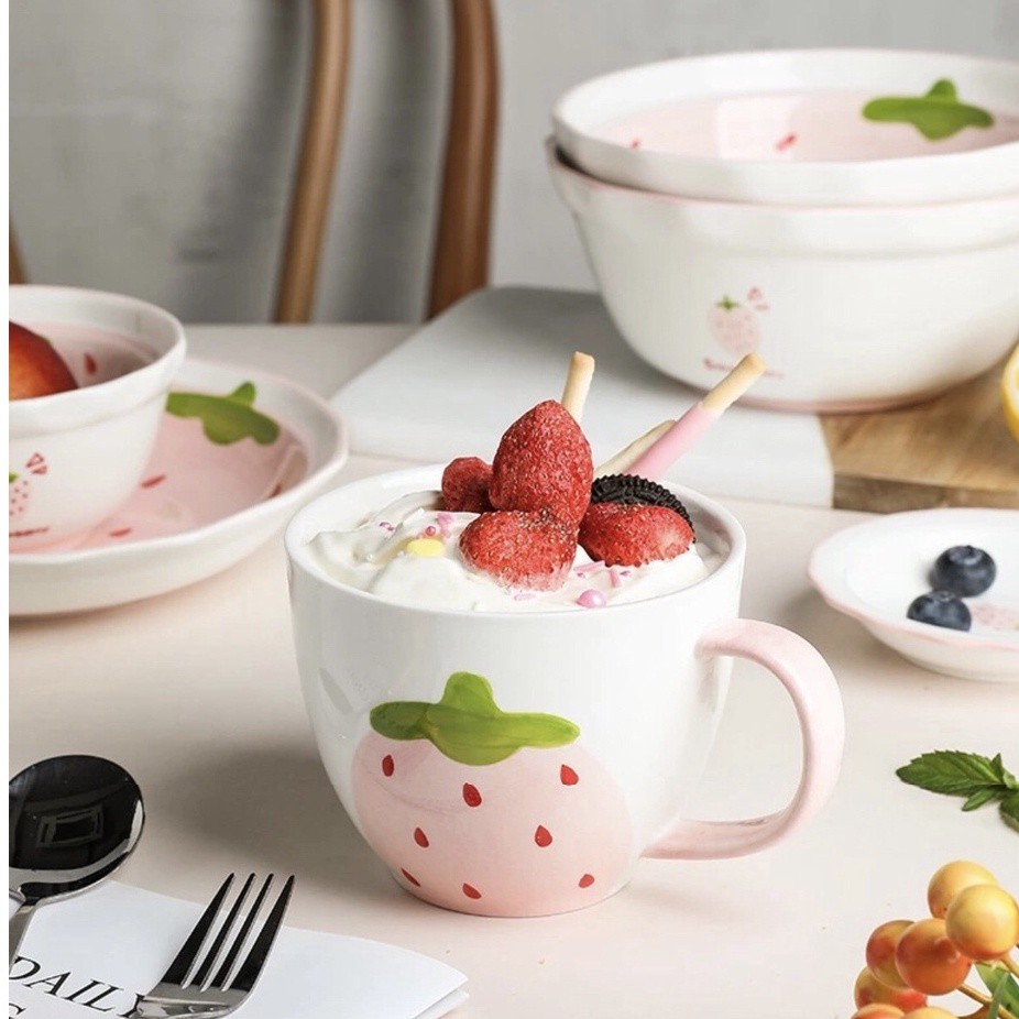 Bát Ăn Cơm 🥣 Bộ Bát Đĩa Sứ Dâu Hồng 🥣 Decor Chén Dĩa Dễ Thương Cute Cao Cấp B97