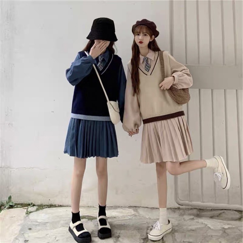 Set váy 3 món kèm gile caravat Ulzzang style Hàng Quảng Châu