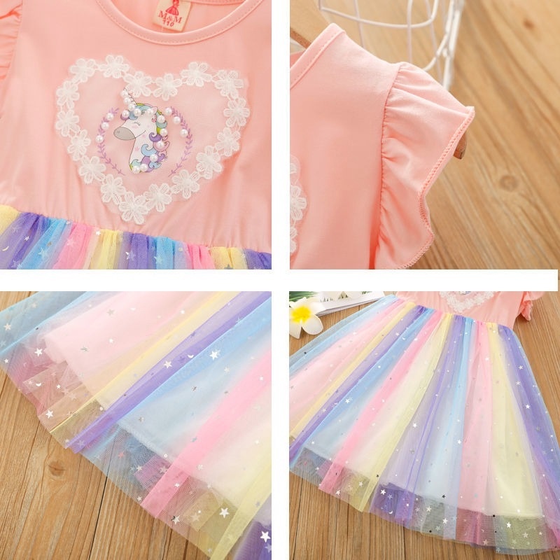 Đầm công chúa phối lưới màu cầu vồng xinh xắn thời trang mùa hè cho bé gái