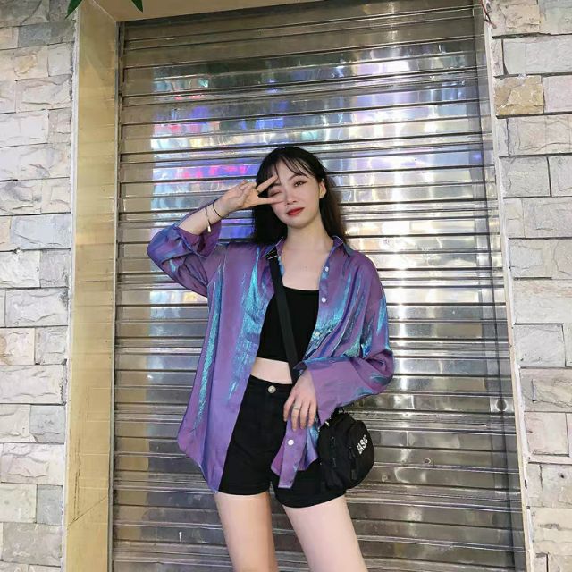 𝗛𝗢𝗧⚡ Áo sơ mi nữ freesize phi bóng phản quang tím ánh xanh hot trend ulzzang (Ms A73)