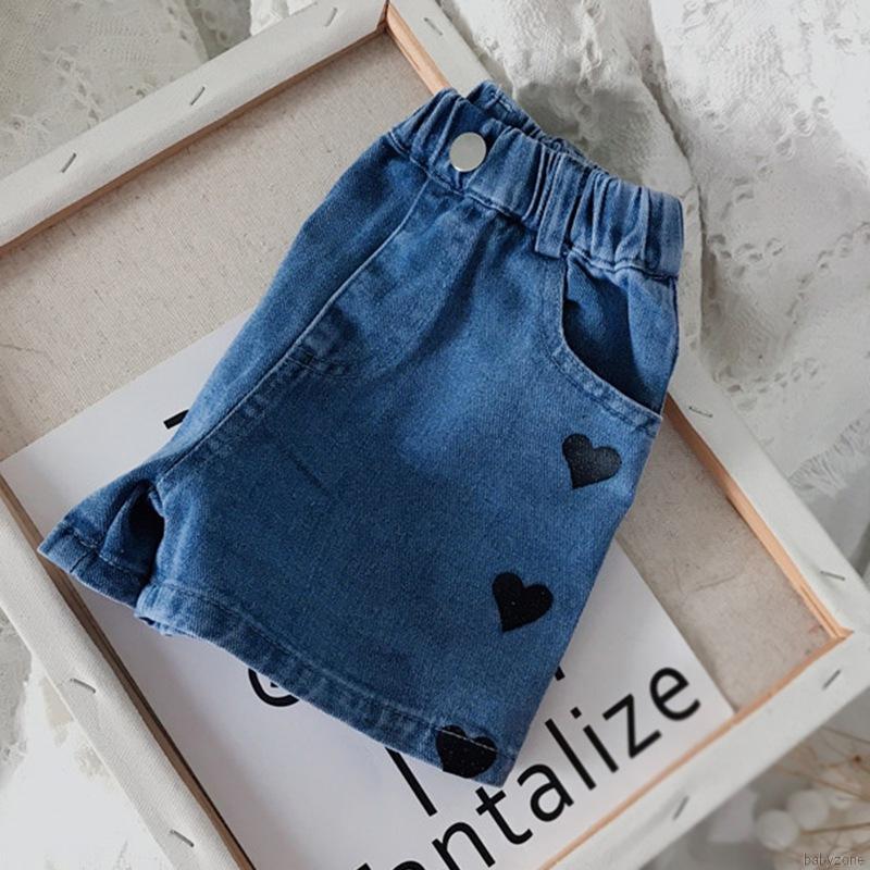 Quần Short Denim Ống Rộng Co Giãn Tốt In Hình Trái Tim Xinh Xắn Cho Bé Gái