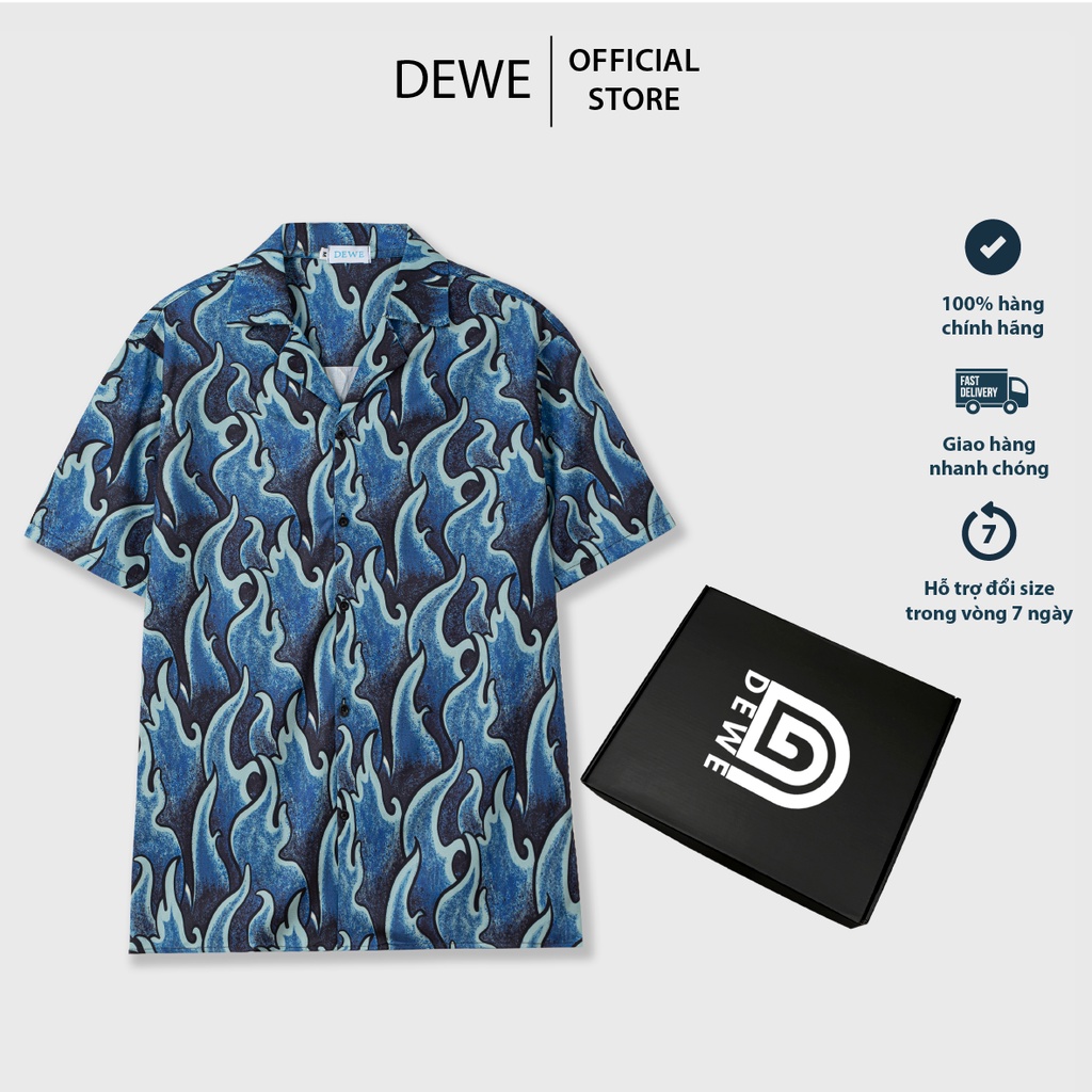 Áo sơ mi ngắn tay Dewens, vải lụa chéo nhập khẩu chống nhắn thoáng mát, hoạ tiết Lửa Xanh - DEWE Cuban Shirt