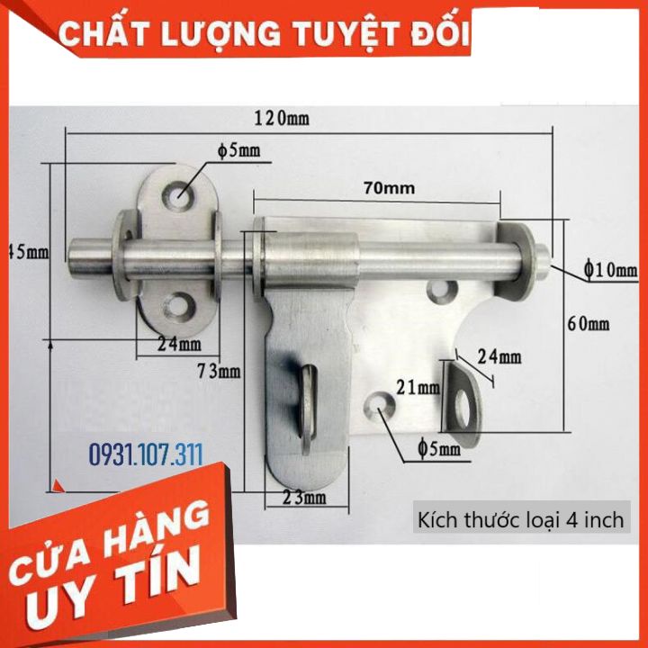 Chốt khóa cửa, then khóa cửa bằng vật liệu thép không gỉ K04 loại 4 inch, 6 inch