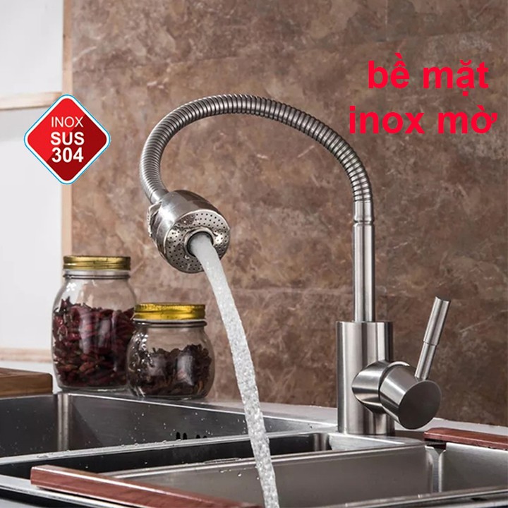 Vòi rửa chén NÓNG LẠNH CẦN LÒ XO DẺO UỐN MỀM inox 304 bề mặt màu inox mờ đầu phun 2 chế độ