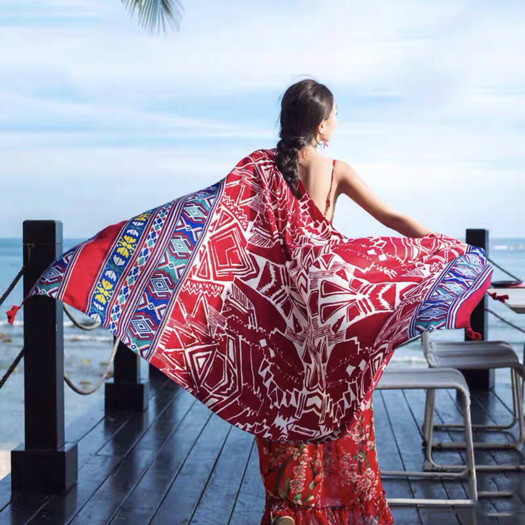 Khăn quàng cổ nữ choàng đi biển thổ cẩm phong cách vintage boho nữ đẹp iLita cao cấp đủ màu đen, vàng, đỏ, be, xanh rêu