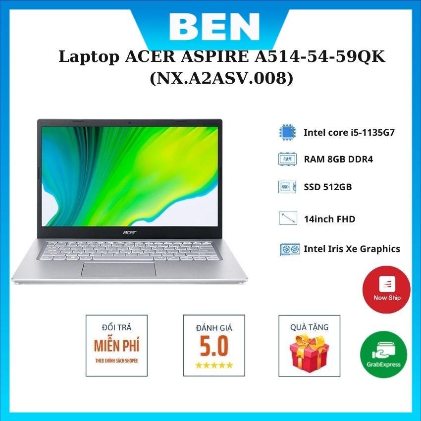 Laptop ACER ASPIRE A514-54-59QK (NX.A2ASV.008)/ Vàng/ Core i5-1135G7/ RAM 8GB/ 512GB SSD/ 14inch FHD/ 3Cell/ Win 11SL