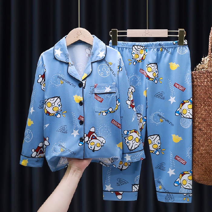 Bộ Đồ Ngủ Tay Dài Chất Liệu Cotton In Họa Tiết Hoạt Hình Phong Cách Hàn Quốc Xinh Xắn Cho Bé