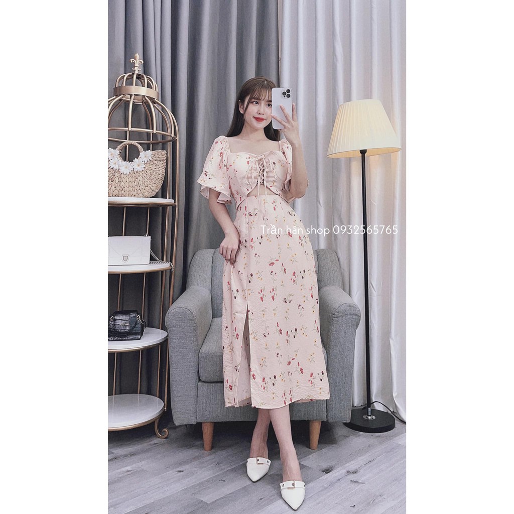 váy đầm hoa (HÌNH THẬT SHOP CHỤP)  đan dây ngực có cúp ngực dáng dài xẻ tà siêu vintage💘3006229