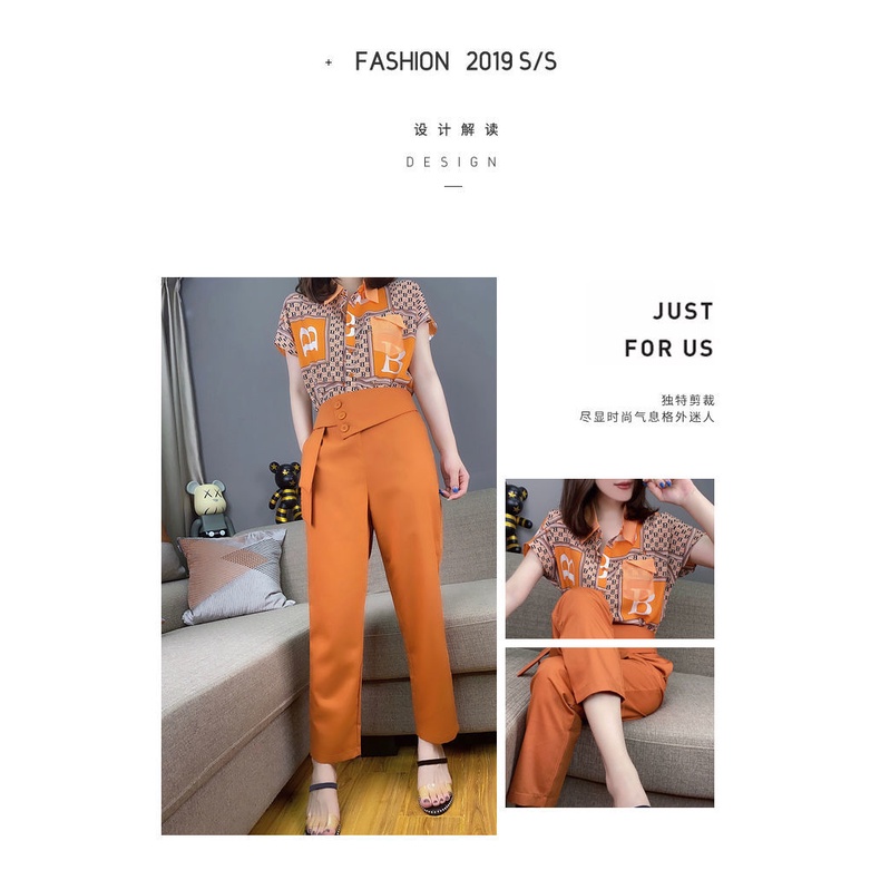 Set áo ngắn tay + quần dài màu tương phản thời trang cho nữ