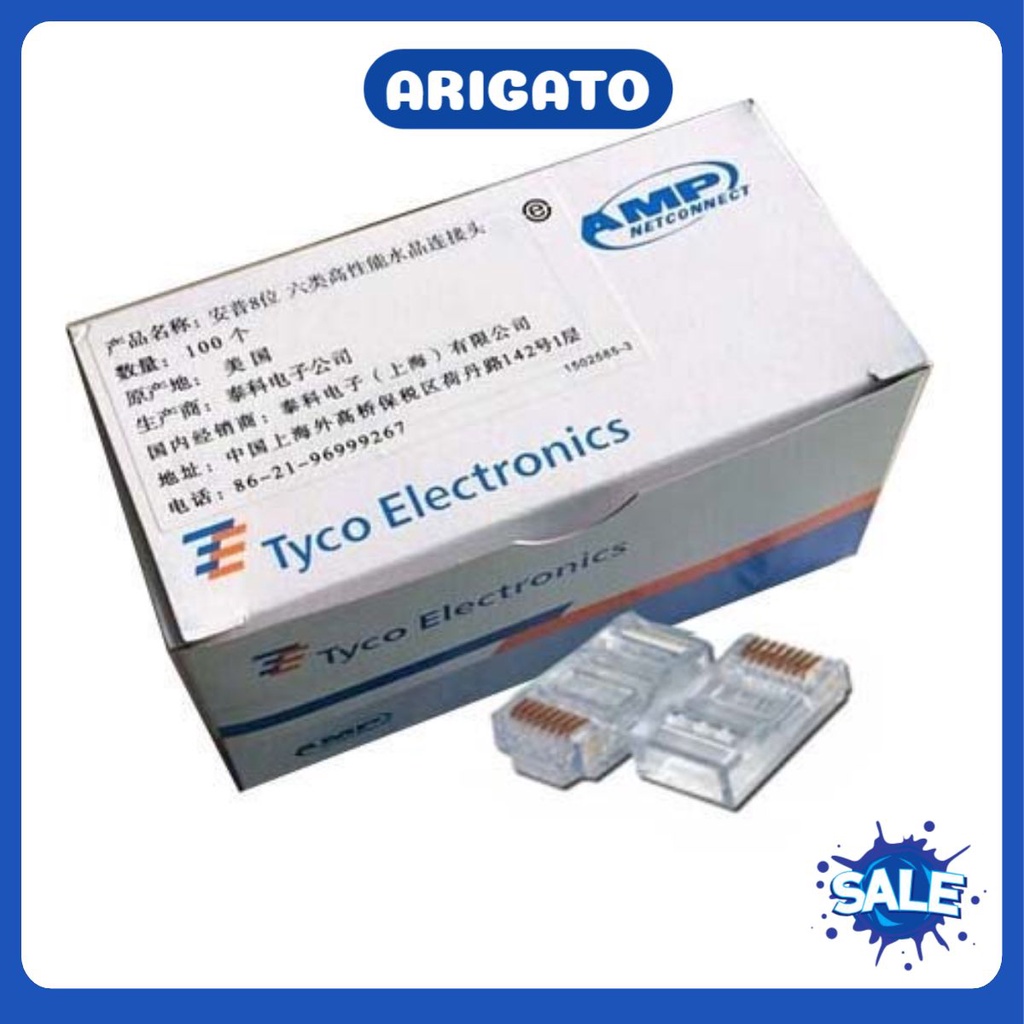 Hạt Bấm Mạng AMP RJ45 Hạt Mạng Xuyên Thấu Hộp 100 Chiếc Loại Tốt Giao Ngẫu Nhiên Mẫu Vỏ Hộp ARIGATO