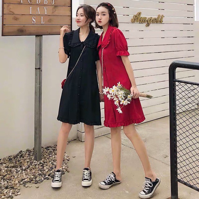 {Sẵn đỏ, sz 4Xl}Váy cổ sen viền dập li tiểu thư