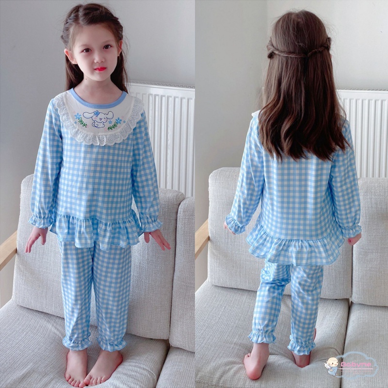 Bộ Đồ Ngủ 2 Món Áo + Quần Dài In Họa Tiết Caro Dễ Thương Thoải Mái Thân Thiện Với Da Cho Bé Gái