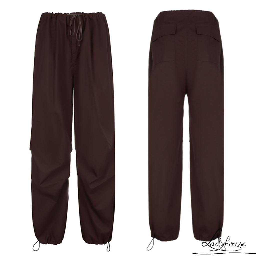 Quần ống rộng Màu Trơn Phối Dây Rút Thời Trang Mùa Xuân Cho Nữ Màu Đen/Nâu