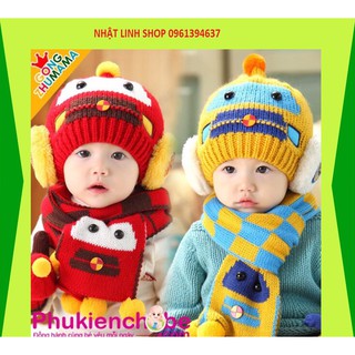 XẢ KHO_Set khăn mũ len ô tô cho bé, set mũ kèm khăn len cho bé