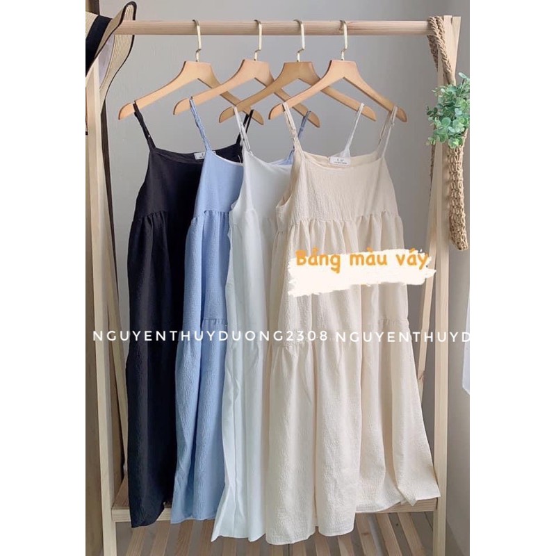 [Ảnh thật/Sẵn]Váy babydoll 2 dây tay bồng tháo rời form rộng xoè chất Đũi xốp/Đầm 2 dây đi biển