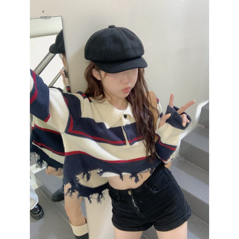 Porozi  Áo sweater dệt kim tay dài kẻ sọc ngang trẻ trung thời trang Hàn Quốc cho nữ