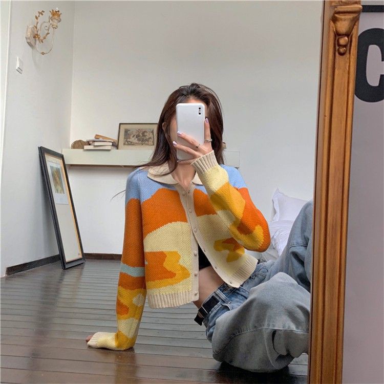 [ORDER] Áo Cardigan len cổ sơmi Orange Desert form croptop - Có ảnh thật