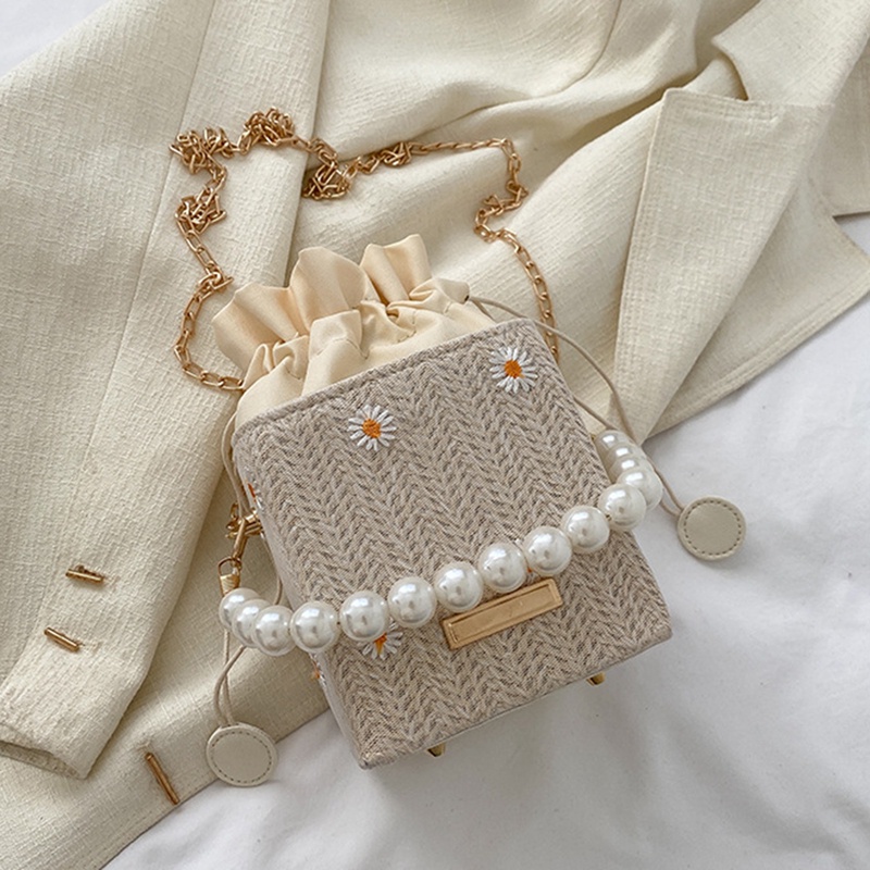 Túi cói Đan Lát Hình Tròn Đính Ngọc Trai Giả Thời Trang