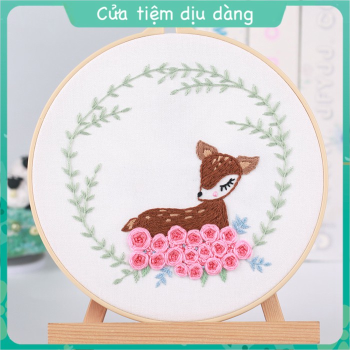 Kit thêu tay - Bộ nguyên liệu thêu tranh Động vật mẫu cute (kèm khung ,vải in sẵn mẫu và chỉ thêu, kim)