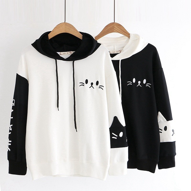 ÁO KHOÁC HOODIE NỈ BÔNG NỮ IN MÈO CHỮ NHẬT CÁNH TAY SIÊU DỄ THƯƠNG-NL04 | BigBuy360 - bigbuy360.vn