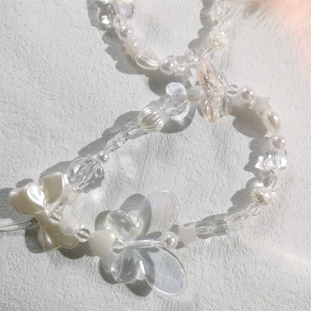 Dây Đeo Điện Thoại Bằng Acrylic Mềm Chống Thất Lạc Hình Bướm Màu Laser Đính Hạt Ngọc Trai Dễ Thương