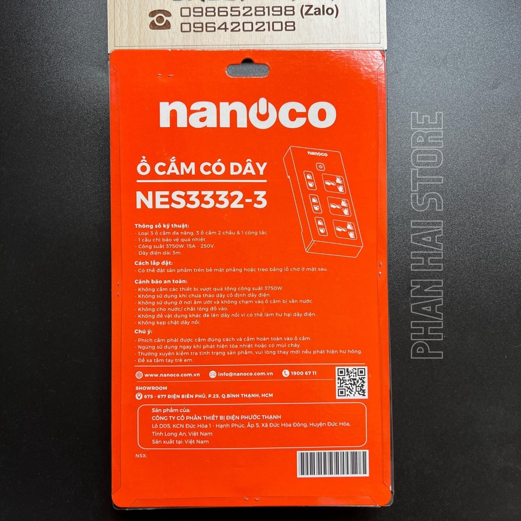 Ổ cắm điện có dây kéo dài Nanoco NES3332-3 chính hãng - Loại 6 ổ cắm dây dài 3m