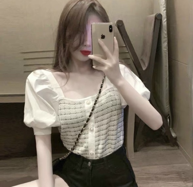 Áo len tay pha cổ vuông chất đẹp, Áo kiểu cổ vuông vai bồng AL7524 - NhiNhiShop