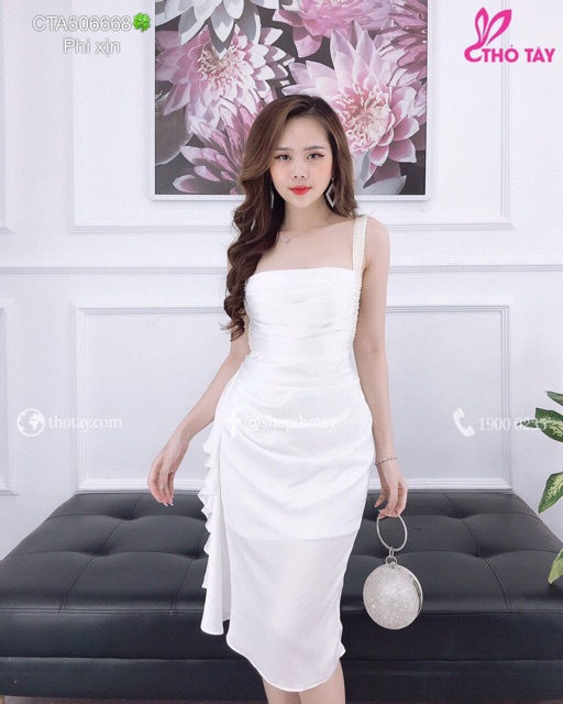 Đầm body phi 2 dây kết châu và ảnh thật