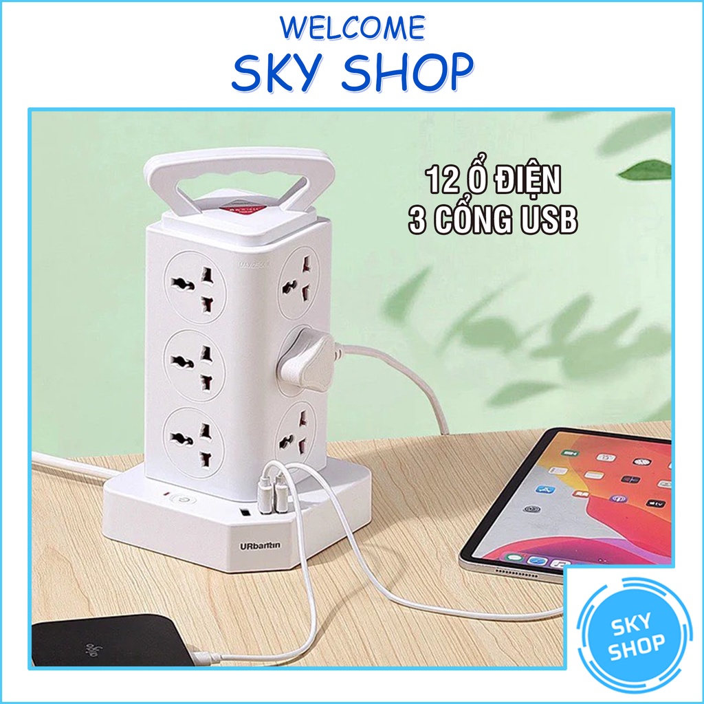 Ổ Cắm Điện Phích Cắm Điện Hình Tháp Nhiều Tầng Đa Năng - 12 Ổ Điện và 3 Cổng Sạc USB Hàng Cao Cấp Ổ Điện Văn Phòng