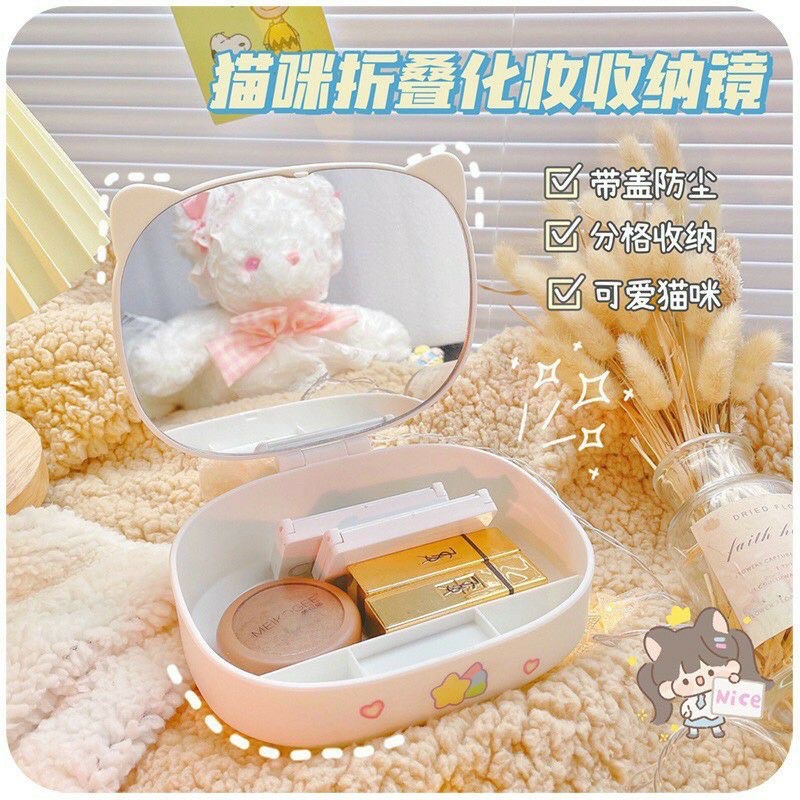 [Tặng Sticker] Gương tai mèo cute - Hộp đựng đồ makeup có gương tiện lợi đi du lịch