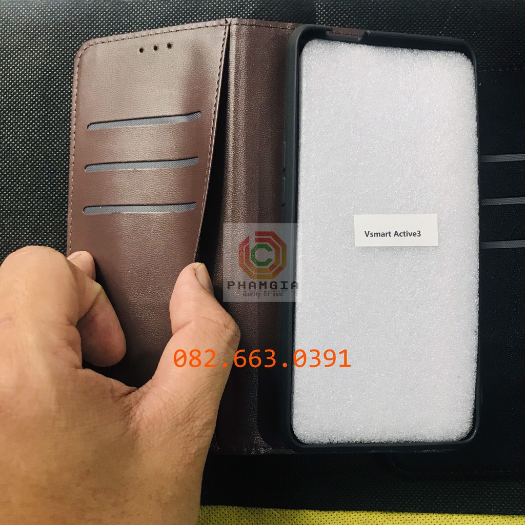 Bao da Vsmart Joy 3, Active 3 da cao cấp, có ngăn thẻ, chống xem phim (không quai gài)