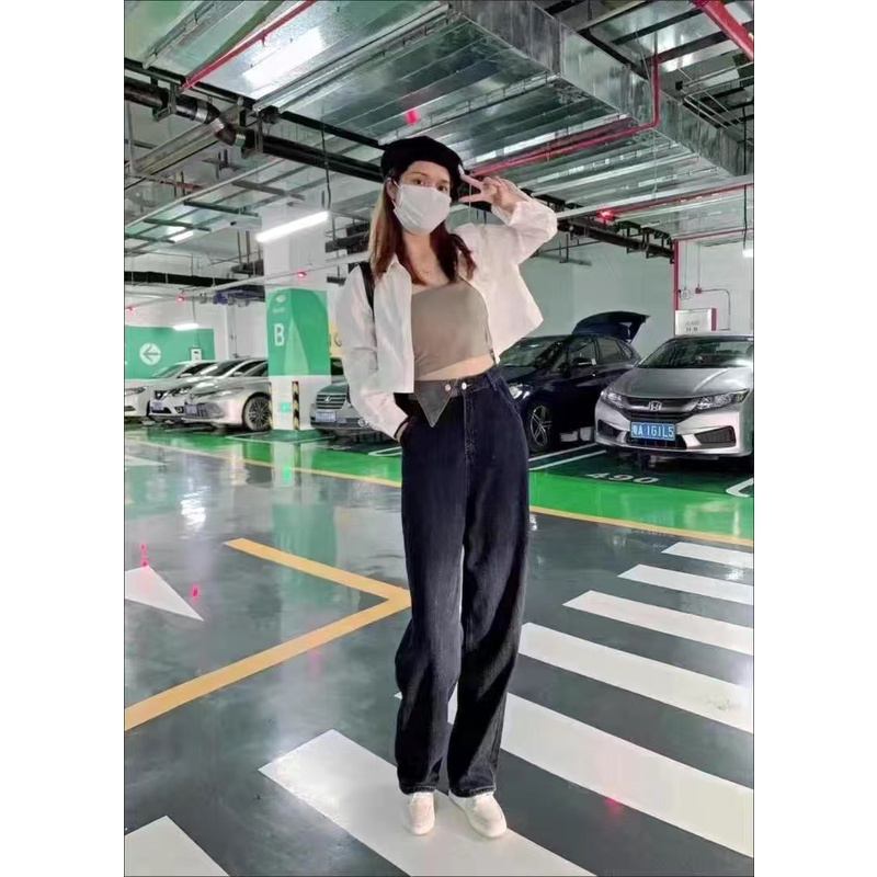 Quần jeans unisez lưng cao ống đựng rộng thiết kế vạt tam giác lưng quần UZZANG thời trang giới trẻ Hàn Quốc