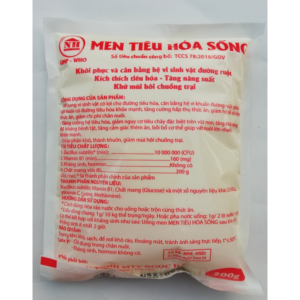 1 gói MEN TIÊU HÓA SỐNG 200g Cân bằng hệ vi sinh đường ruột, kích thích têu hóa, tăng năng suất, khử mùi hôi chuồng trại