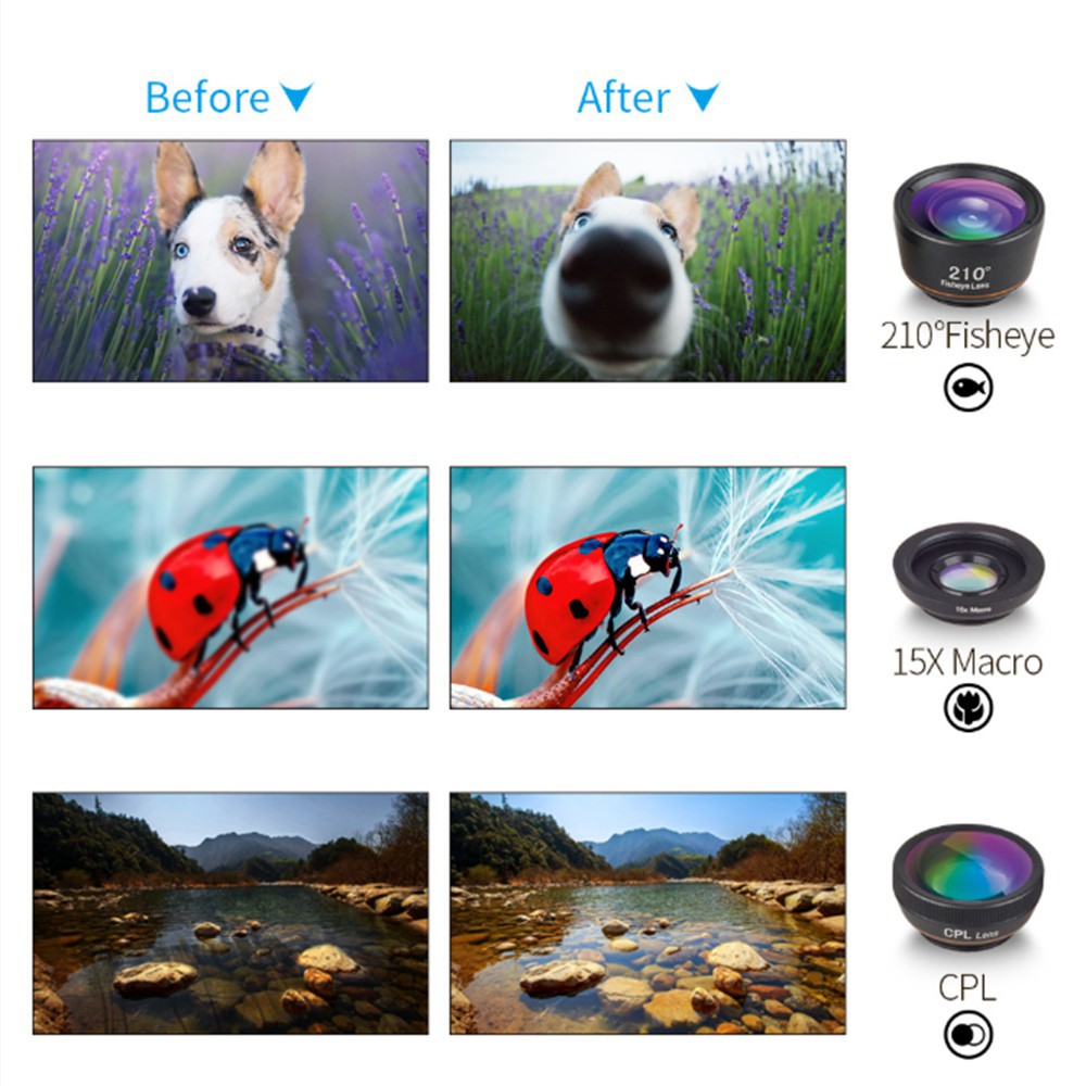 Bộ ống kính,lens chụp ảnh Apexel DG dành cho điện thoại,6 ống kính,góc rộng,mắt cá,macro,phù hợp mọi loại máy điện thoại