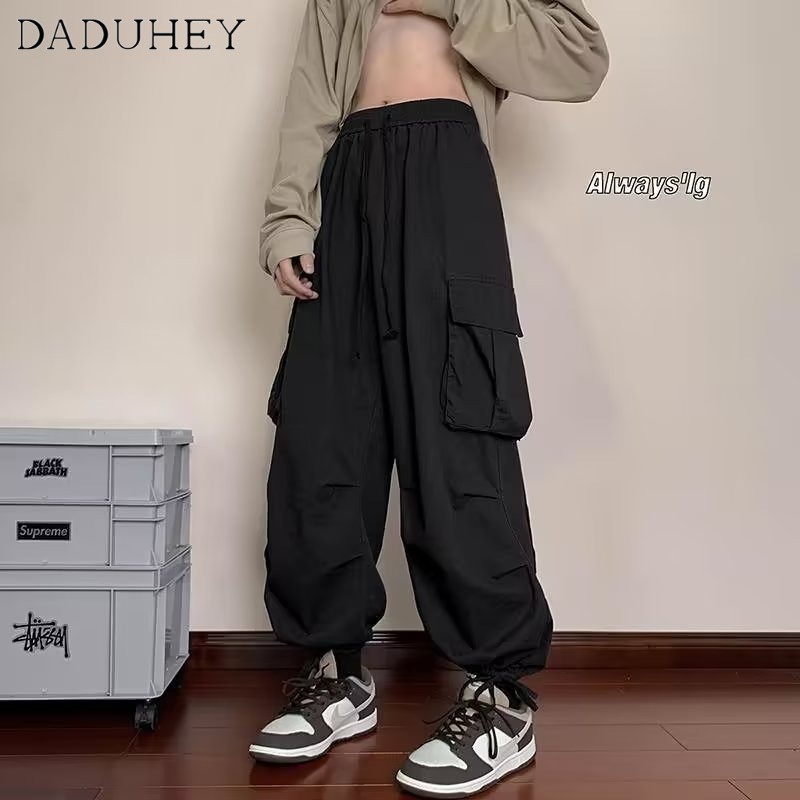 DaDuHey Men's Fashion Brand Summer Beauty Style High Street Washed Loose Solid Color Sports Pants Overalls