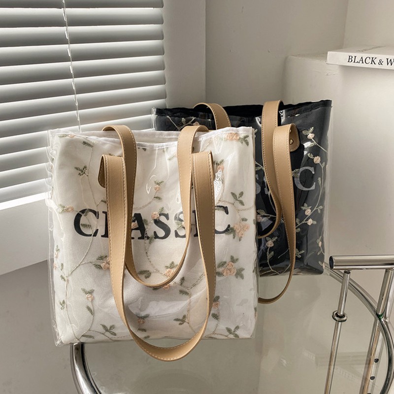 Túi tote vải canvas trong suốt cỡ lớn thời trang mùa hè cho nữ 2021