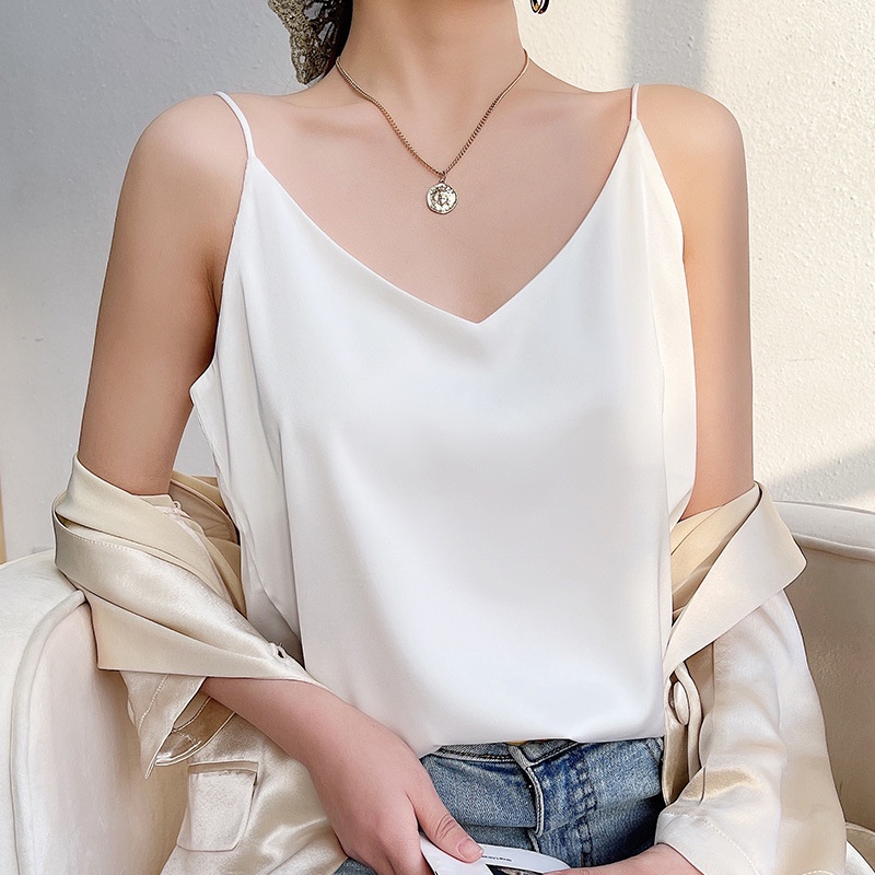 Áo Hai Dây Vải Lụa Satin Có Mút Đệm Ngực Cổ Chữ V Dáng Ôm Thời Trang Mùa Hè Hàng Mới Dành Cho Bạn Nữ