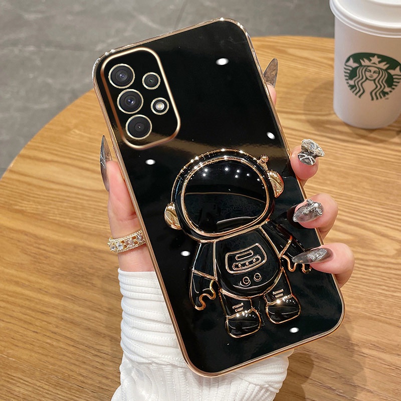 ốp lưng Giá đỡ phi hành gia mạ vàng sang trọng Giá đỡ tích hợp Vỏ mềm Tương thích với Cho SAMSUNG A32 A52 A52S A72 A22 A23 A24 A33 A34 Ốp silicon TPU màu trơn đơn giản case
