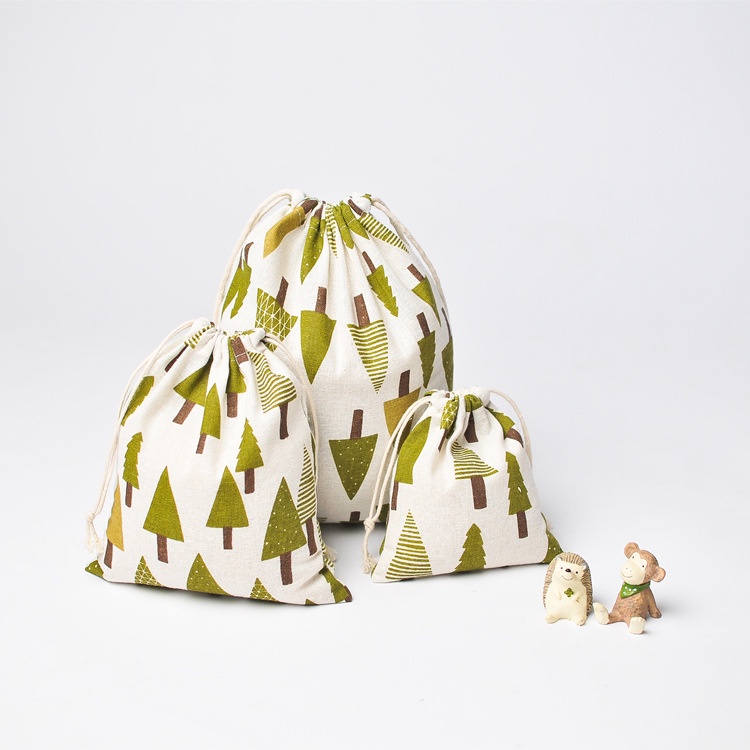 Túi dây rút vải lanh cotton in hình cây thông Noel