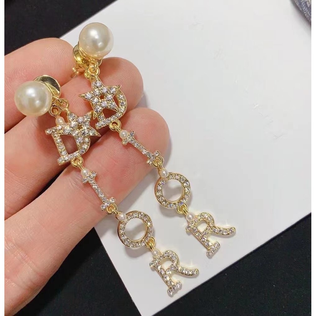 DIOR Cặp Bông Tai Thời Trang Bằng Hợp Kim Có Đính Đá Đầy Cá Tính