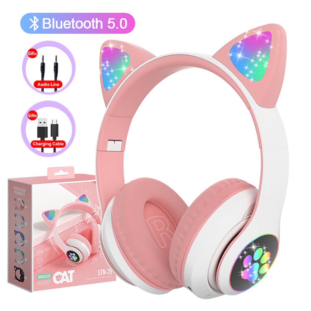 Tai nghe bluetooth không dây hình tai mèo dễ thương có thể điều khiển và mic